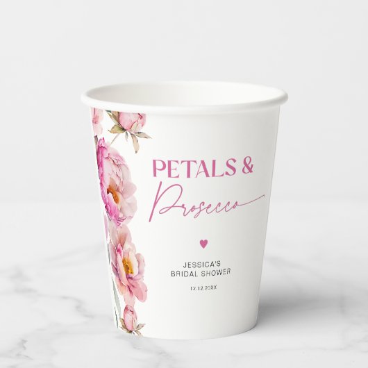 Helroze roze bloemblaadjes en prosecco bruids- papieren bekers (Achterkant)