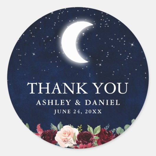 Hemel Bruiloft Maan Sterren Bloemige Dank Je Ronde Sticker (Voorkant)