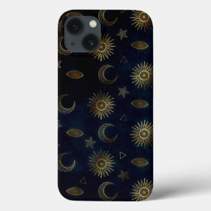 Hemelblauw Goud Zon Maan Sterren iPhone 13 Hoesje