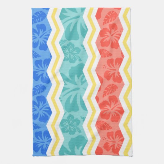 Hemelblauw, koraalroze en geel tropisch patroon theedoek (Verticaal)