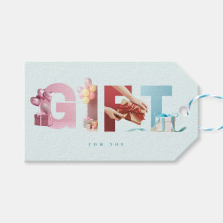 Hemelblauwe GIFT Foto Typografie Overlay Cadeaulabel