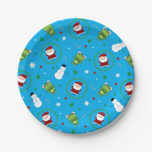 Hemelblauwe kikkers santa claus sneeuwman patroon papieren bordje