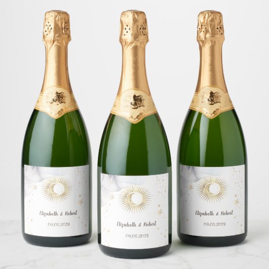 Hemelgouden zon, maan, sterren sparkling wijnetiket (Flessen)