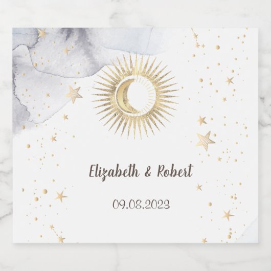 Hemelgouden zon, maan, sterren sparkling wijnetiket (Enkel label)