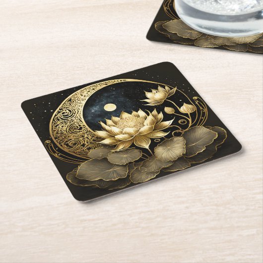 Hemelmaan en lotusbloem vierkante kartonnen onderzetter (Schuin)