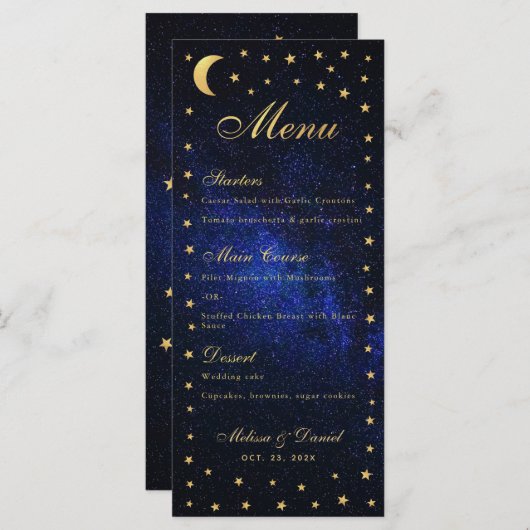 Hemelmenu voor het Huwelijksfeest - Elegante Blauw Menu (Voorkant / Achterkant)