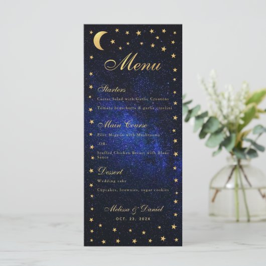 Hemelmenu voor het Huwelijksfeest - Elegante Blauw Menu (Staand voorkant)
