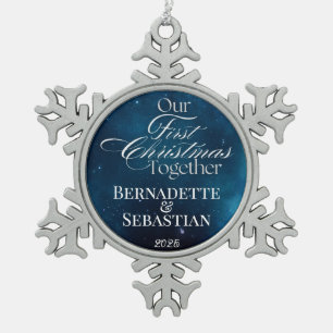 Hemels Diepblauw Onze Eerste Kerstmis Samen Tin Sneeuwvlok Ornament
