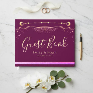 Hemels Fuchsia Goud Zon Maan Sterren Bruiloft Gastenboek
