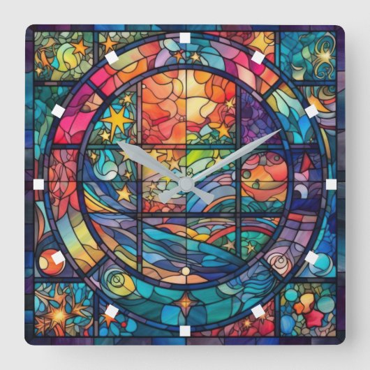 Hemels Glas in lood Kunstwerk Wandklok Vierkante Klok (Voorkant)
