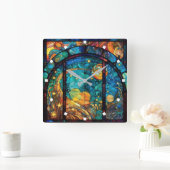 Hemels Glas in lood Kunstwerk Wandklok Vierkante Klok (Huis)