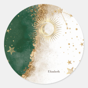 Hemels Gouden Zon En Maan Sterren Groen Ronde Sticker