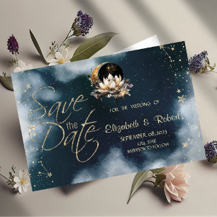 Hemels Gouden Zon, Maan, Sterren Lotus Nachtelijke Save The Date