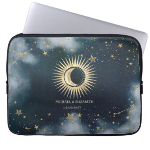 Hemels Gouden Zon, Maan, Sterren Nachtelijke Lucht Laptop Sleeve