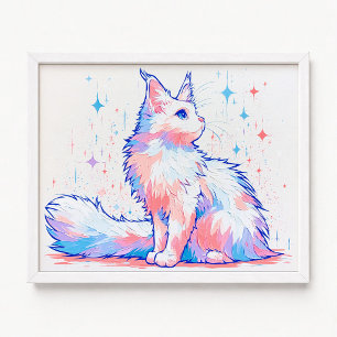 Hemels Lavendel Maine Coon Kat Impasto Schilderij Poster