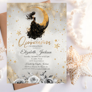 Hemels Maan Meisje Bloemen Sterren Quinceanera Kaart