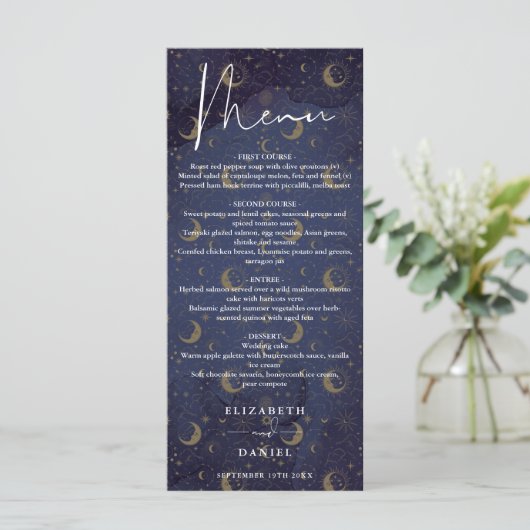 Hemels Mysterieus Elegant Schrift Huwelijksdiner Menu (Staand voorkant)