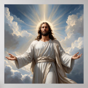 Hemels portret van Jezus met stralend licht Poster