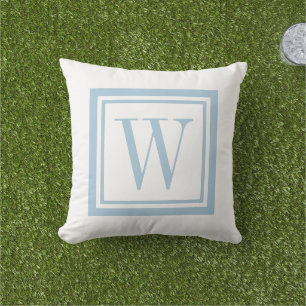 Hemelsblauw en Witte Klassieke Vierkante Monogram Buitenkussen