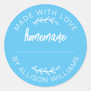 Hemelsblauw Schrift Gemaakt Met Liefde Thuisgemaak Ronde Sticker