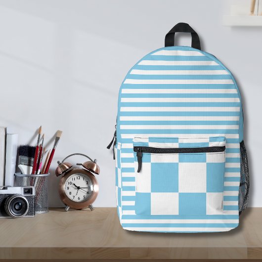 Hemelsblauw Wit Geruit en Gestreept Bedrukte Rugzak