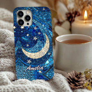 Hemelsblauw Zilver Gebrandschilderde Maan iPhone 16 Hoesje