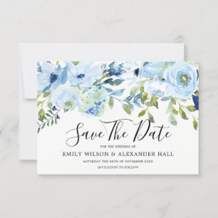 Hemelsblauwe Aquarel Bloemen Moderne Trouwkaart Save The Date