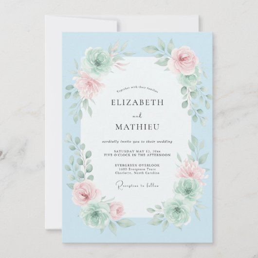 Hemelsblauwe Bloemenschildering Trouw Kaart (Voorkant)