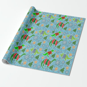 Hemelsblauwe Dinosaurus Kerstmis Cadeaupapier