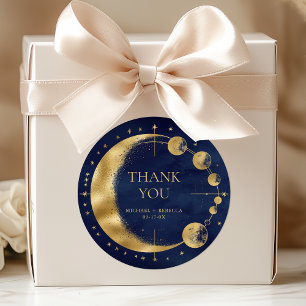 Hemelsblauwe gouden maanfasen trouwthank you ronde sticker