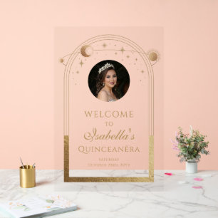 Hemelsblauwe gouden Quinceañera-verjaardags-welkom Acryl Bord