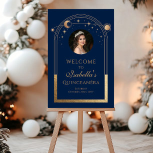 Hemelsblauwe Gouden Quinceañera Verjaardags Welkom Acryl Bord