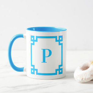 Hemelsblauwe Griekse Sleutelrand Monogram Mok