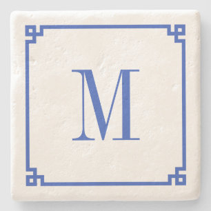 Hemelsblauwe Griekse Sleutelrand Monogram Stenen Onderzetter