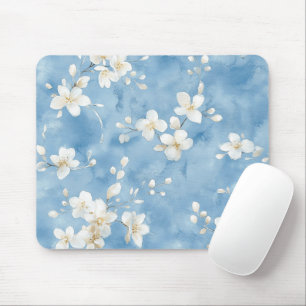 Hemelsblauwe Mooie Witte Bloemen Muismat