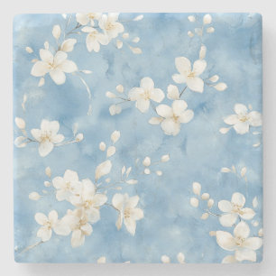 Hemelsblauwe Mooie Witte Bloemen Stenen Onderzetter