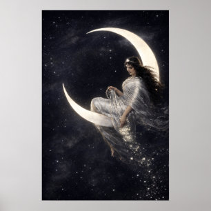 Hemelse Art Nouveau vrouw op halve maan Poster