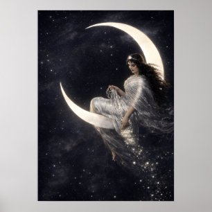 Hemelse Art Nouveau-vrouw op halvemaan Poster