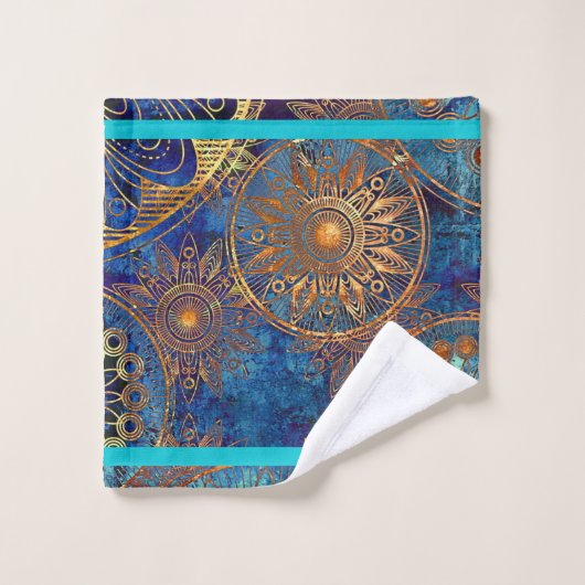 Hemelse badhanddoek set handdoek blauw aqua goud (Wasdoekje)