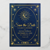 Hemelse Blauwe Tarot Trouwfoto Sla de datum op Folie Uitnodiging (Voorkant)