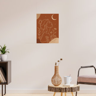 Hemelse Boho Vrouw Lijnkunst met Maan en Sterren Poster