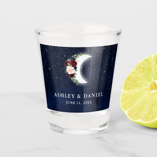 Hemelse Bourgondische Floral Moon Sterren Bruiloft Shot Glas (Voorkant)