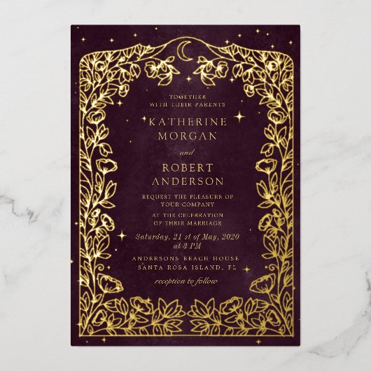 Hemelse Bourgondische gouden maan en sterren bruil Folie Uitnodiging (Voorkant)