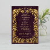 Hemelse Bourgondische gouden maan en sterren bruil Folie Uitnodiging (Staand Voorkant)