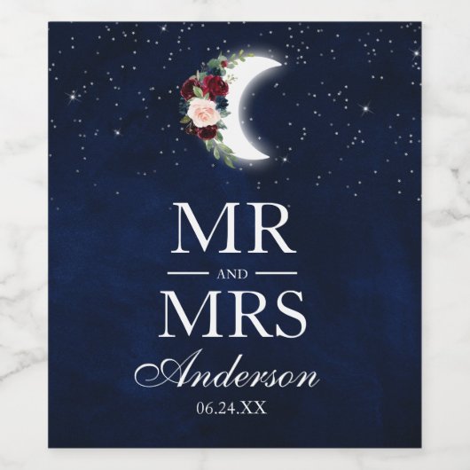 Hemelse bruiloft Floral Moon Mr. en Mrs. Wijn Etiket (Enkel label)