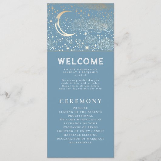 Hemelse Dusty Blauw en Goud Trouwprogramma's Programma (Voorkant)