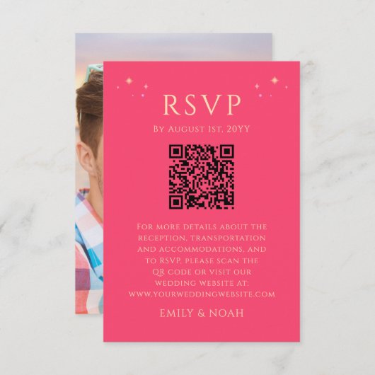 Hemelse Fuchsia Roze Budget QR Code RSVP Foto Informatiekaartje (Voorkant / Achterkant)