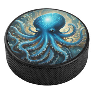 Hemelse Golven: De Blauwe Octopus Fractale Kunst Hockey Puck