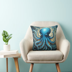 Hemelse Golven: De Blauwe Octopus Fractale Kunst Kussen