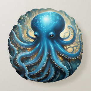 Hemelse Golven: De Blauwe Octopus Fractale Kunst Rond Kussen